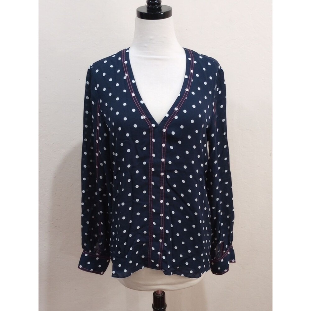 Tanya Taylor Kiera Navy Polka Dot Long Sleeve Silk Blouse, Size 6